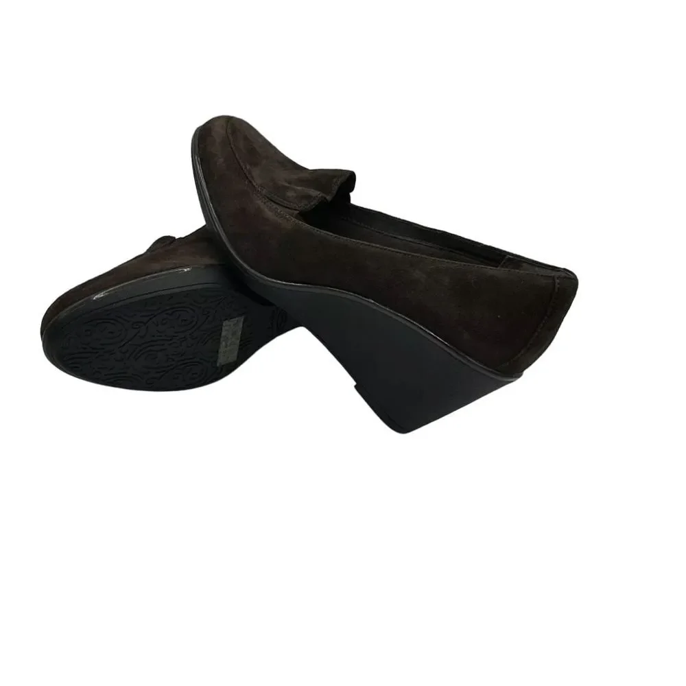 Clark's Elegant Brown Suede Wedge‎ Loafers Comfortable Slip-On Shoes